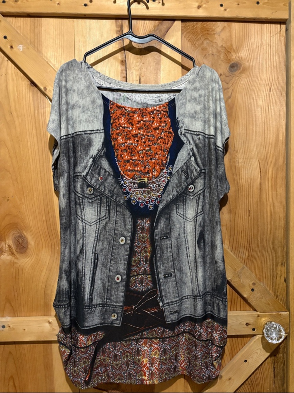 Women’s Short Sleeve Faux Denim Graphic Layered-Look Jacke Tee